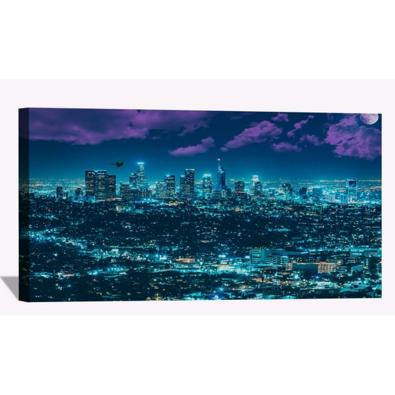 Los Angles City Fantasy Wall Art City Skyline Picture Canvas Art Downtown Night Framed Painting Wall Decor For Home Office Bedroom Livingroom Ready to Hang