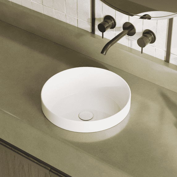 Los Flexi 14" Round Ceramic Semi-Recessed Bathroom Sink without Overflow, White Vessel Basin with Glossy Scratch-Resistant Finish, Drop-In or Countertop Installation