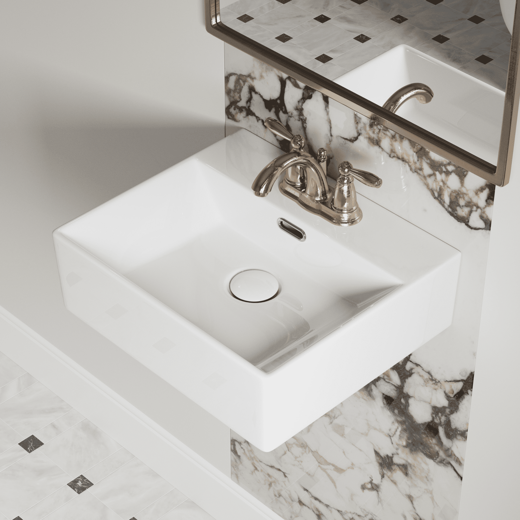 Los Flexi 16" x 14" Wall Mounted Bathroom Sink with 3 Pre-Drilled 4-Inch Faucet Holes, White Rectangular Ceramic Sink with Overflow for Small Bathrooms