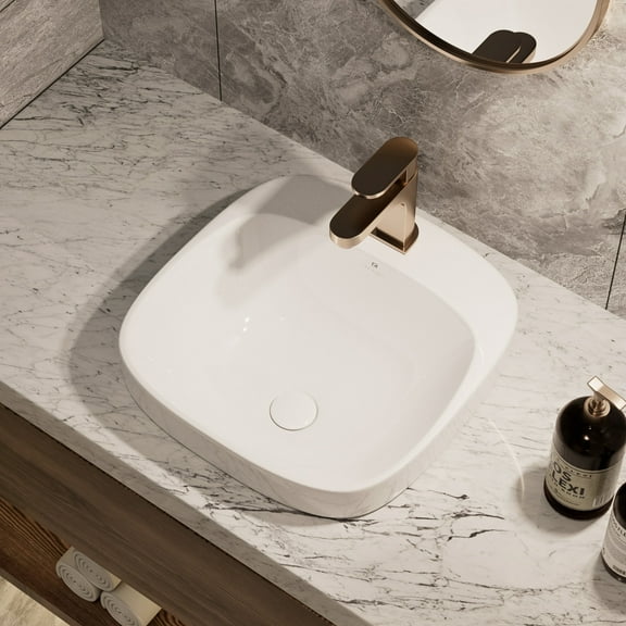 Los Flexi 17" Square Drop-In Bathroom Sink, White Ceramic Semi-recessed Bathroom Sink for Vanity, Non-Overflow Pop-Up Drain Included