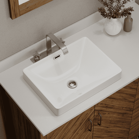 Los Flexi 17" x 13" Semi Recessed Rectangular Bathroom Sink with Overflow, Glossy White Ceramic Drop-In Basin