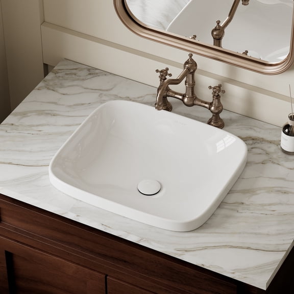 Los Flexi 17'' x 15'' Semi Recessed Bathroom Sink, Rectangular Bathroom Drop In Sink Without Overflow Hole, White Vessel Sink for Bathroom With Drain and Two Covers And Cutout Template Included