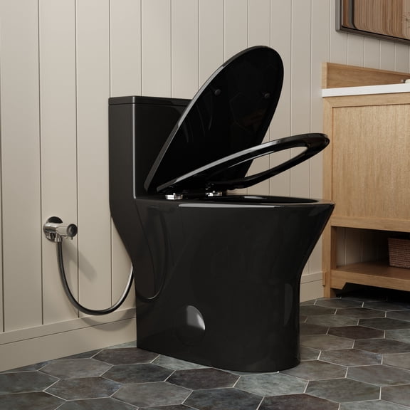 Los Flexi 24.8" Depth Compact Black Toilet, 18" Tall Comfort Height One Piece Toilet, Soft Close Seat, Standard Elongated Bowl, Dual Flush 1.0/1.28 GPF, 12" Rough-In, One Hole Rimless Swirl Tech