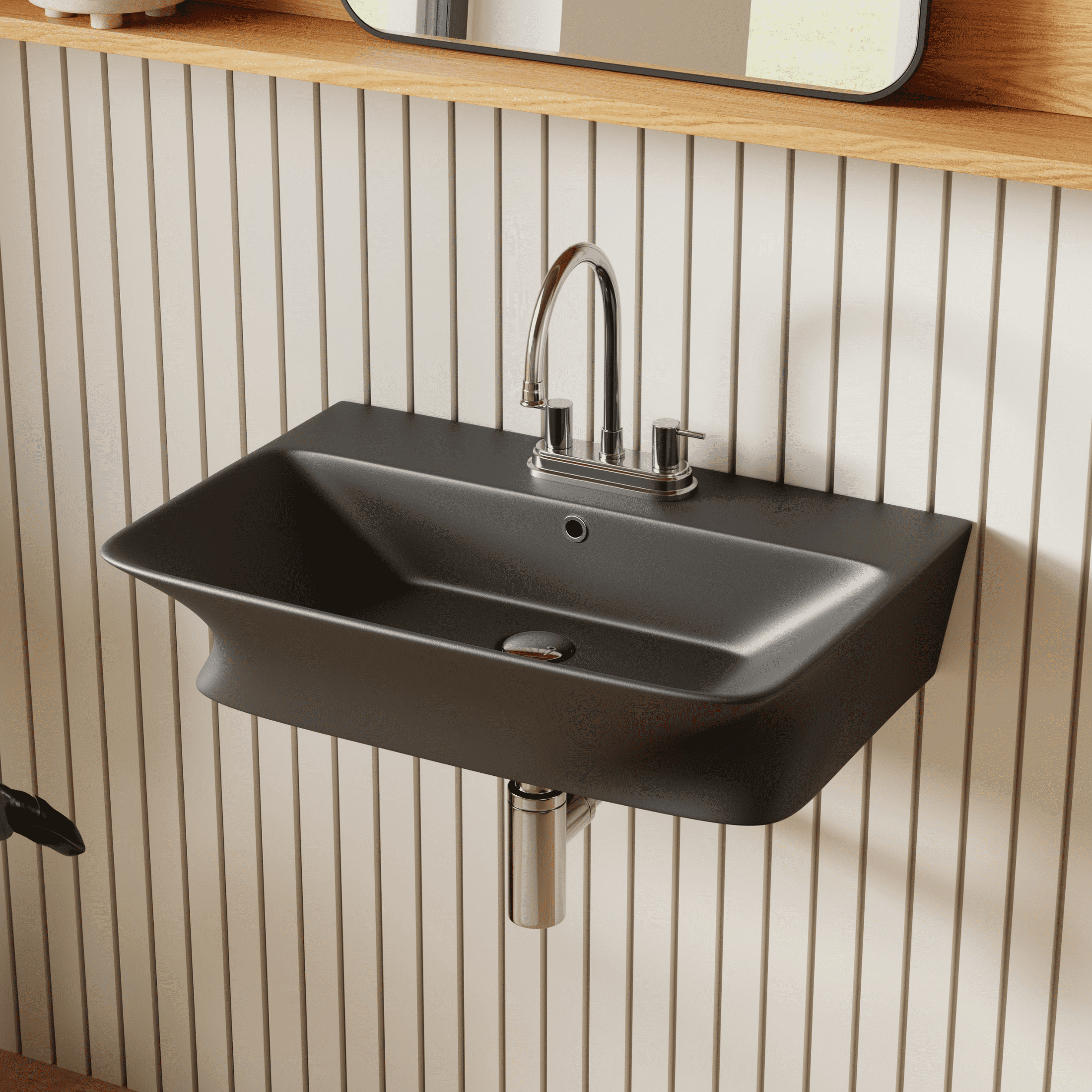 Los Flexi 24" Matte Black Ceramic Wall Mount Bathroom Sink with Overflow, 3 Faucet Holes (4-inch Centerset)