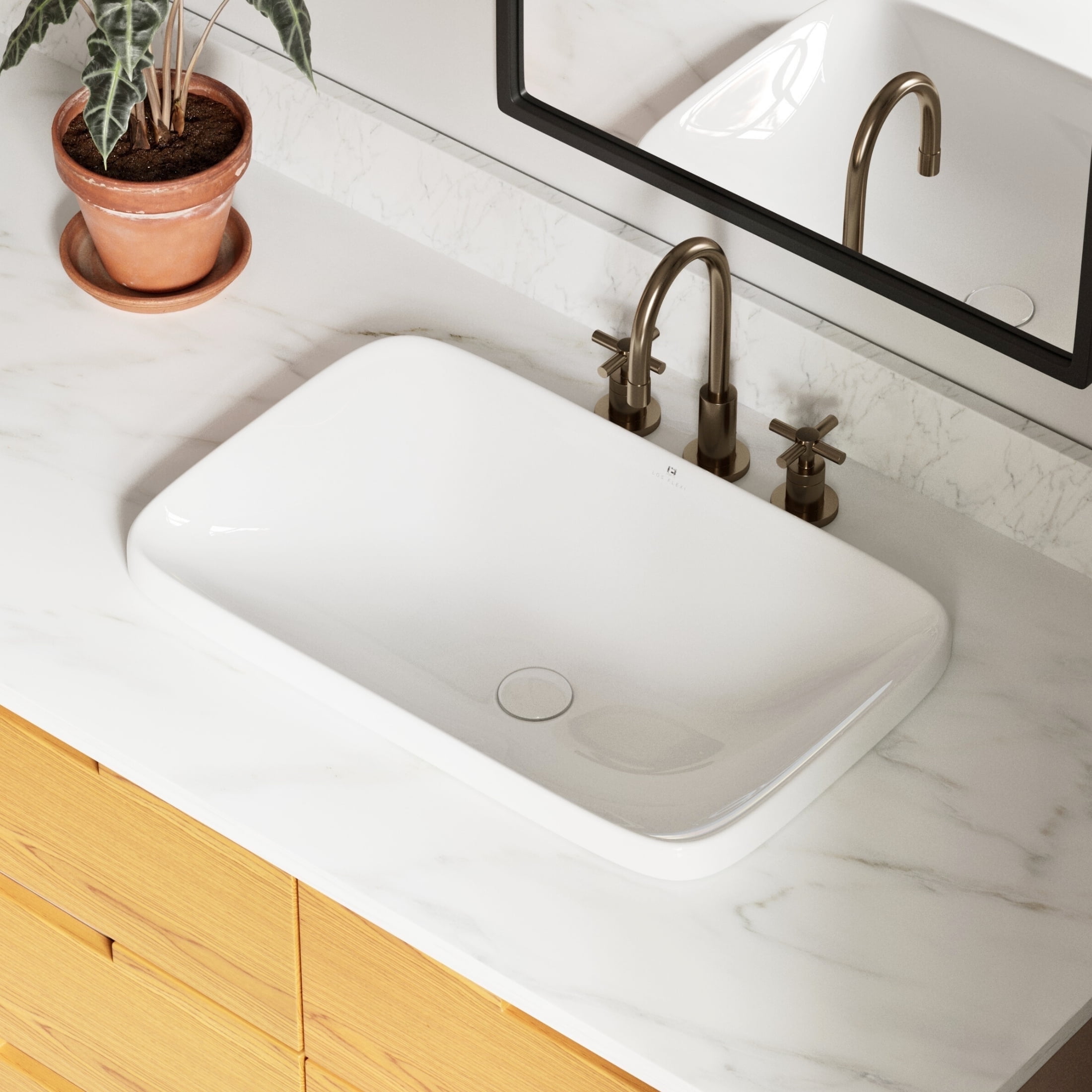 Los Flexi 24″ x 15″ Rectangular Drop In Bathroom Sink, Semi-Recessed Bathroom Sink Without Overflow, Pop-Up Drain Included