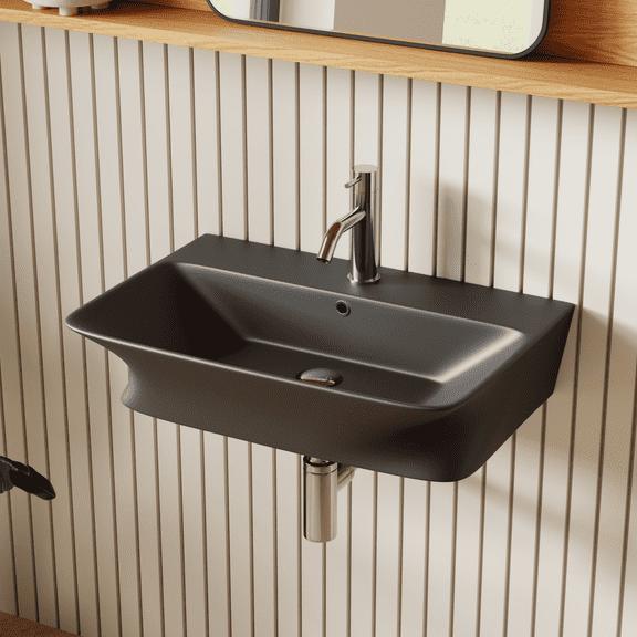 Los Flexi 24" x 17" Matte Black Ceramic Wall Mount Bathroom Sink with Overflow and Pop-Up Drain, Curved Design, Single Faucet Hole, Includes 2 Drain Covers