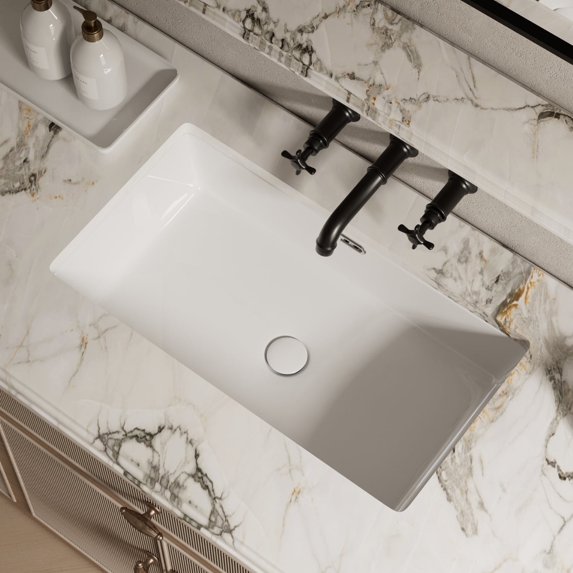 Los Flexi 28" x 16" Large Undermount Sink Rectangle, Ceramic Vanity Sink with Overflow and Undercounter Installation