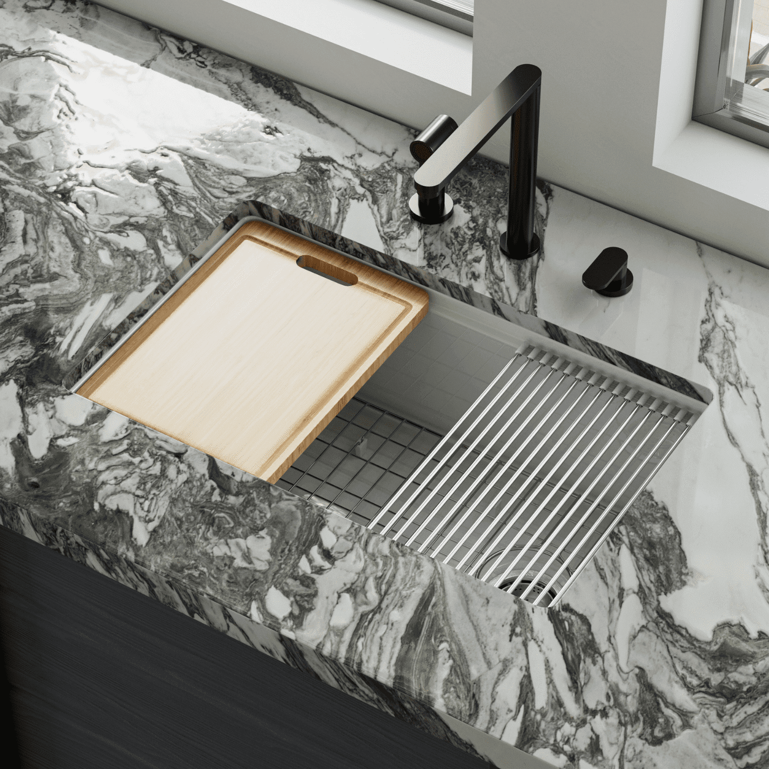 Los Flexi 30” × 19” White Kitchen Sink Fireclay Workstation Offset Drain Dual Mount Installation Deep Single Bowl Drying Rack Cutting Board Included