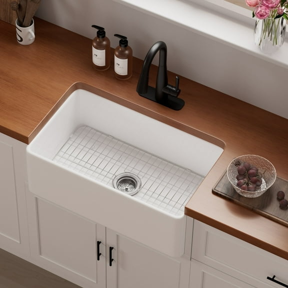 Los Flexi 30" x 18" Farmhouse Sink, Fireclay Apron Front Sink with Single Bowl, Includes Stainless Grid and Strainer