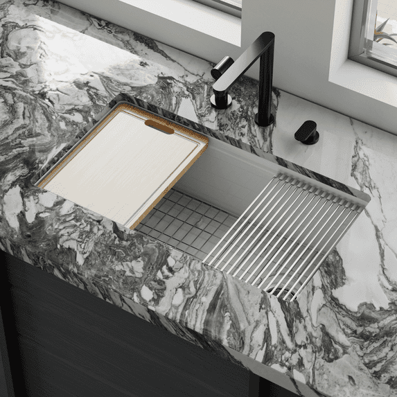 Los Flexi 33” × 19” White Kitchen Sink Fireclay Workstation Offset Drain Dual Mount Installation Deep Single Bowl Drying Rack Cutting Board Included
