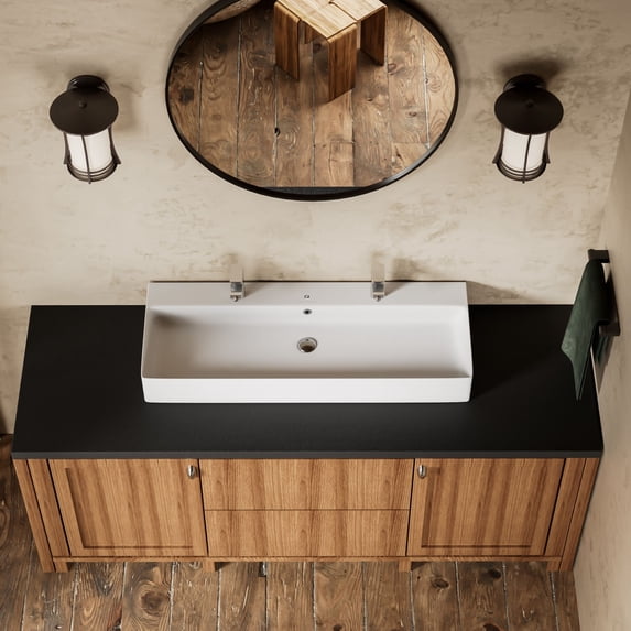 Los Flexi 43" x 16" Trough Sink, Extra Large Rectangular Ceramic Vessel Sink with Dual Faucet Holes and Pop-Up Drain for Wall-Mount & Above-counter