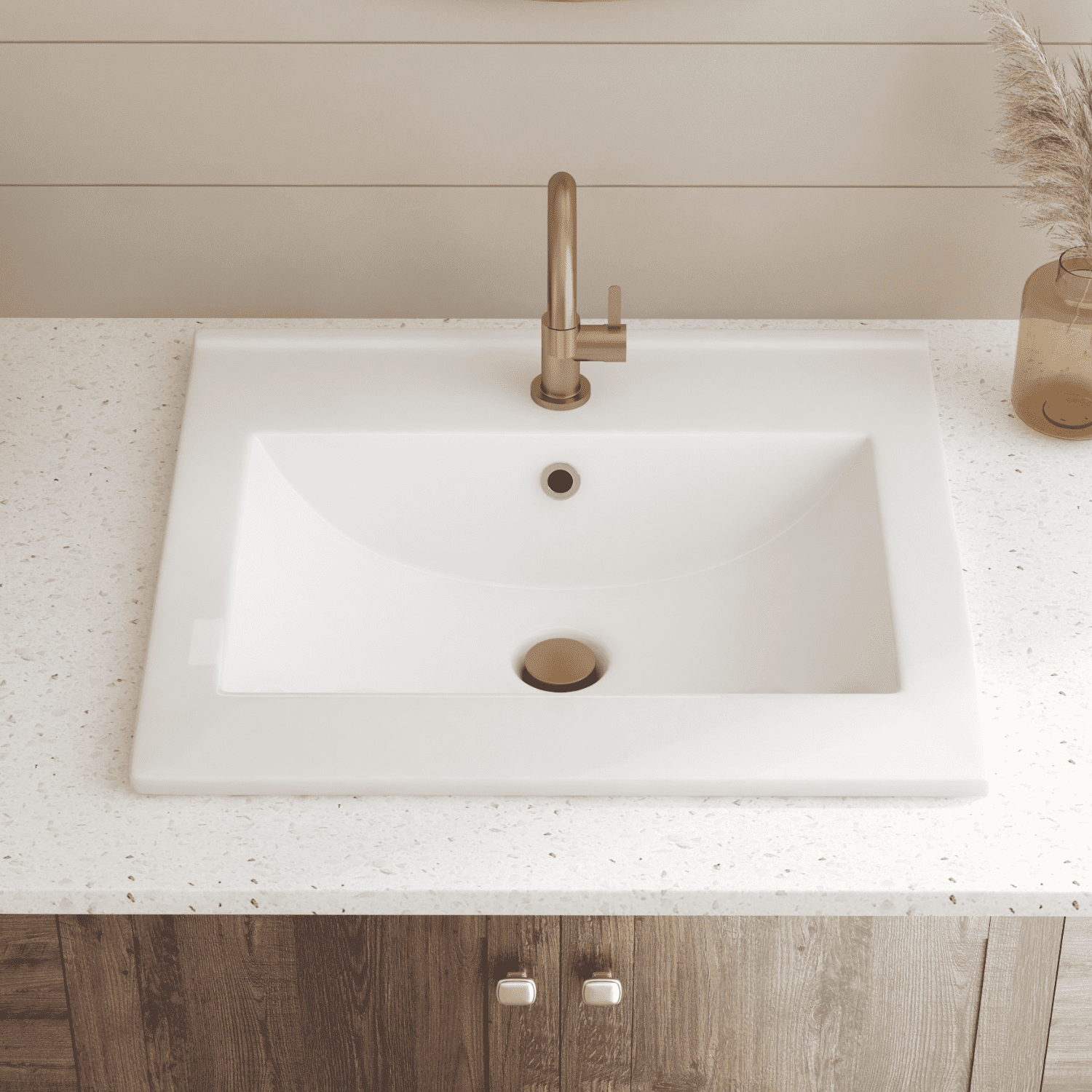 Los Flexi Drop-In Bathroom Sink 20” × 18” Durable Glossy White Ceramic Rectangular Classic Style with Single Faucet Hole & Overflow