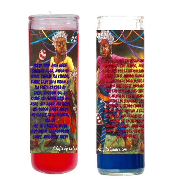 Los Ibeyis Jimaguas Santeria Vela Roja y Azul Set de 2 Velas con Imagen a Todo Color y Oracion, Veladoras, 8 Inch Glass Candles, Regalo Santeria, Vela Religiosa