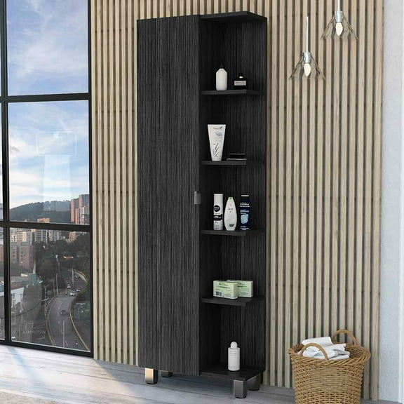 Los Linen Cabinet With 5+ Shelves, 1 Cabinet, 60.71"h, Smoke, Freestanding, 20.14"w X 8.34"d, Particle Board Closet 20.14 In Wide 5 Shelves And Door, Made