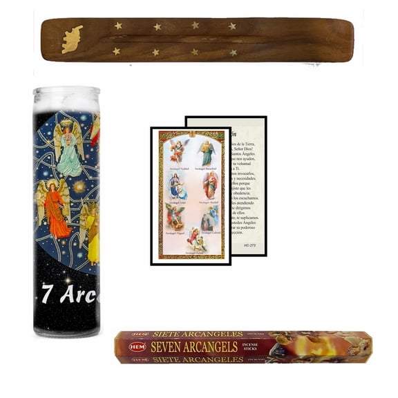 Los Siete Arcángeles San Miguel Rafael Gabriel Uriel Barachiel Jehudiel Sealtiel Veladora con Postal de Rezo en Español e Incienso, Seven Archangels Candle