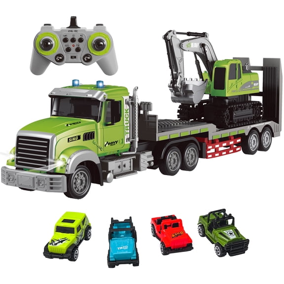 Losbenco RC Semi-Trailer Truck & Excavator Toy Set, 11 Channel Remote Control Flatbed Truck and Excavator Toys, Engineering Vehicle with Sound & Lights for Boys 6-12 Years Old