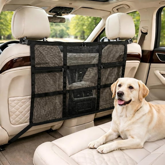 Loscarol Dog Car Barrier, Rear-Seat Divider Net with 3 Zipper Storage Bag, Drill-Free Install Abrasion-Resistant Mesh to Block Front Seats, Vehicle Safety Partition for SUV & Truck