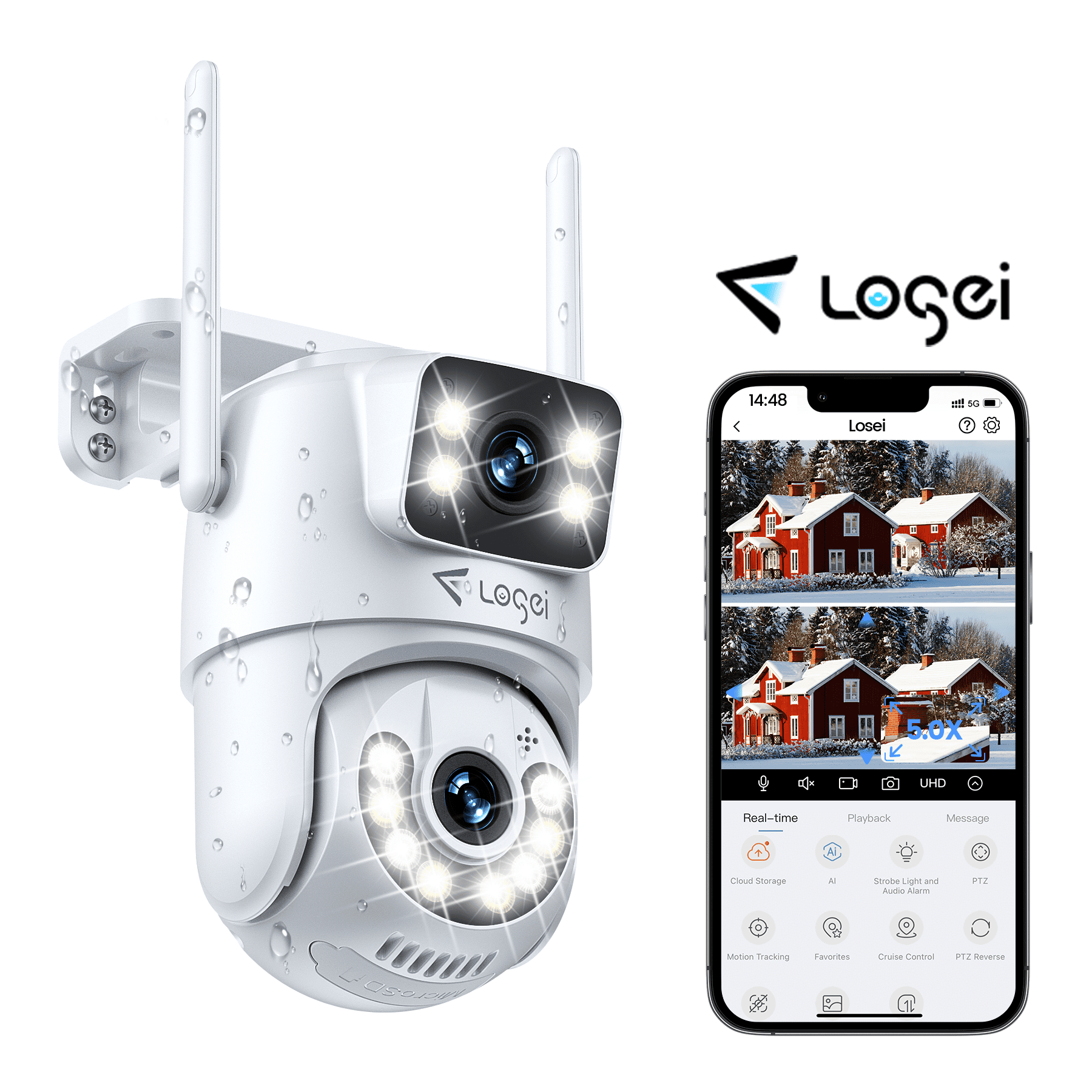 Losei 8MP/4K Outdoor Smart Security Camera with Light Alarm,Color Night Vision,2.4G WiFi,Motion Detection,IP66 Weatherproof , 360° View ,Home Surveillance System Camera,24/7 Record,Two-Way Audio