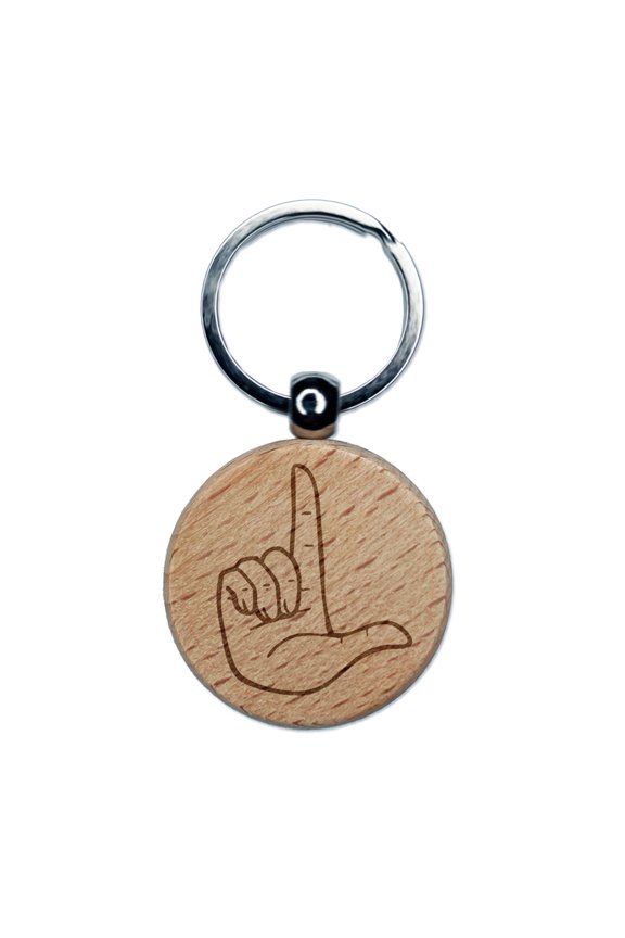 Loser L Hand Sign Symbol Round Keychain Charm Tag - Engraved Wood