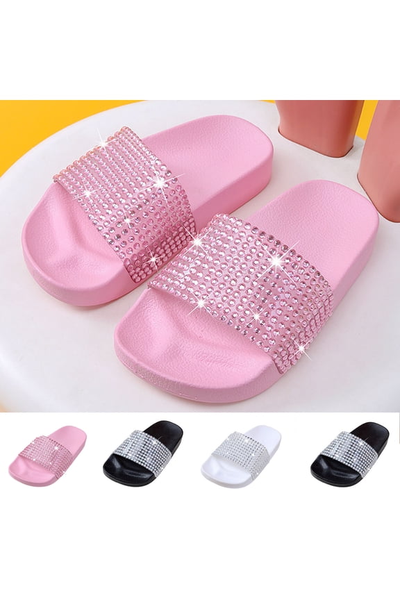 Girl's Sparkly Rhinestone Slides - Chunky Glitter Sandals with Non-Slip Sole for Girls, Pool Beach Slippers for Bridal Gift White 1.5M(35)