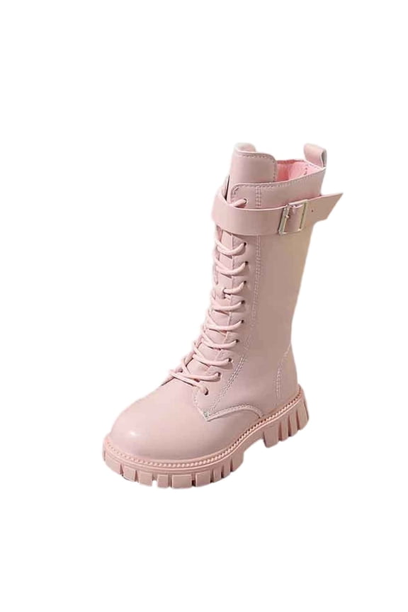 Girls Knee High Combat Boots, Lace Up Buckle Strap Tall Leather Riding Boots, Chunky Non Slip Lug Sole Fashion Boots Pink 27