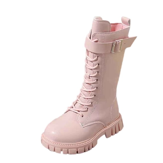 Losmtrace Girls Knee High Combat Boots, Lace Up Buckle Strap Tall Leather Riding Boots, Chunky Non Slip Lug Sole Fashion Boots Pink 29