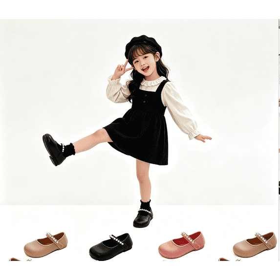 Losmtrace Girls Mary Jane Shoes with Pearl Strap, Soft Non-Slip Rubber Sole Princess Flats, Casual Dress & Wedding Party Shoes Pink 30-31