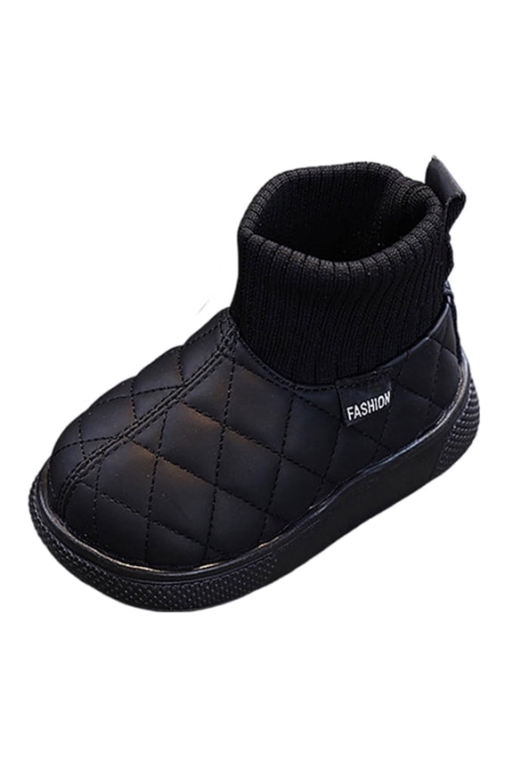 Kids Quilted Winter Snow Boots, Knitted Sock Cuff Waterproof Ankle Booties, Slip On Lightweight Warm Non-Slip Shoes Black 21