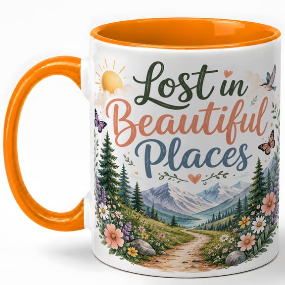 Lost in Beautiful Places Coffee Mug, Watercolor Nature Mug, Outdoor Adventure Birthday Christmas Gift, Mountain Meadow Butterfly Quote Art, 11 oz White Ceramic Coffee Cup for Tea