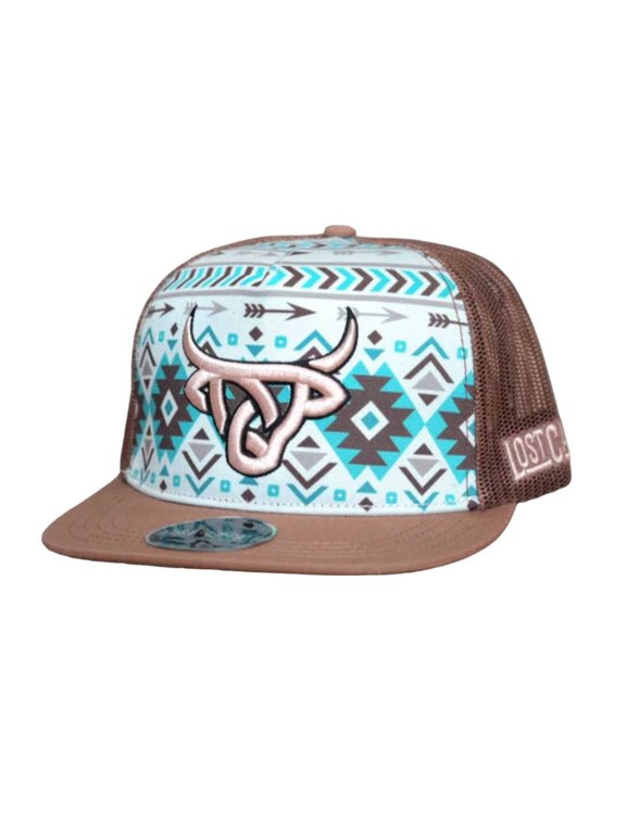 Unisex Patterned Flat White & Brown Mesh Back Snapback Bull Logo Patch Cap Hat