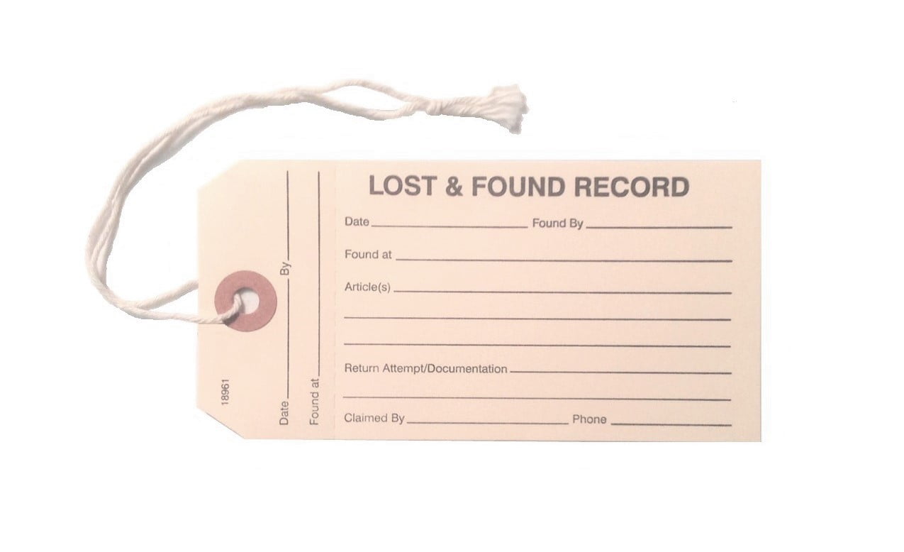 Lost & Found Record Manila Tags, 5-1/4" x 2-5/8", w Attached String, Perfed Stub, Reinforced Hole - Box of 500 Tags