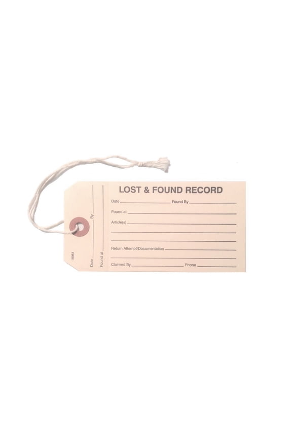 Lost & Found Record Manila Tags, 5-1/4" x 2-5/8", w Attached String, Perfed Stub, Reinforced Hole - Pack of 100 Tags