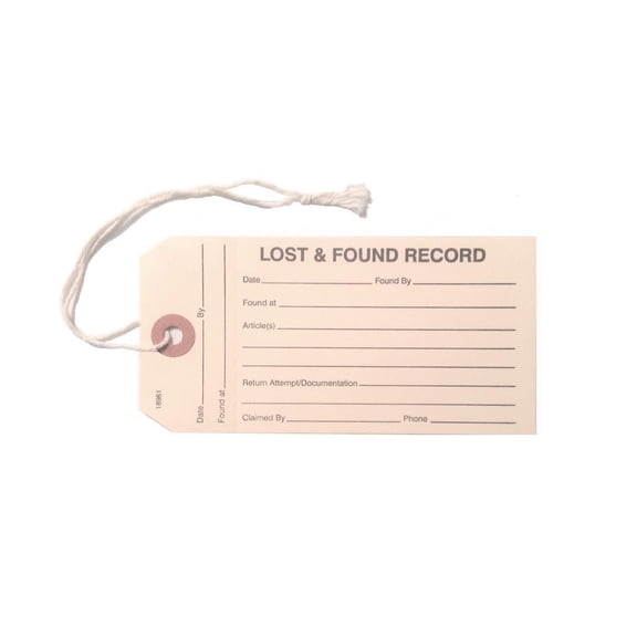 Lost & Found Record Manila Tags, 5-1/4" x 2-5/8", w Attached String, Perfed Stub, Reinforced Hole - Pack of 50 Tags