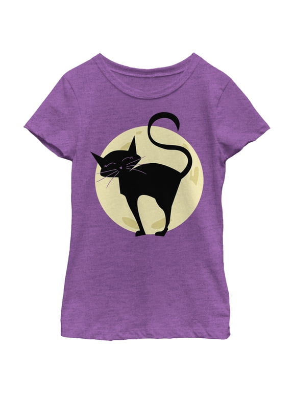 Girl's Lost Gods Halloween Cute Cat in Moon Graphic T-Shirt