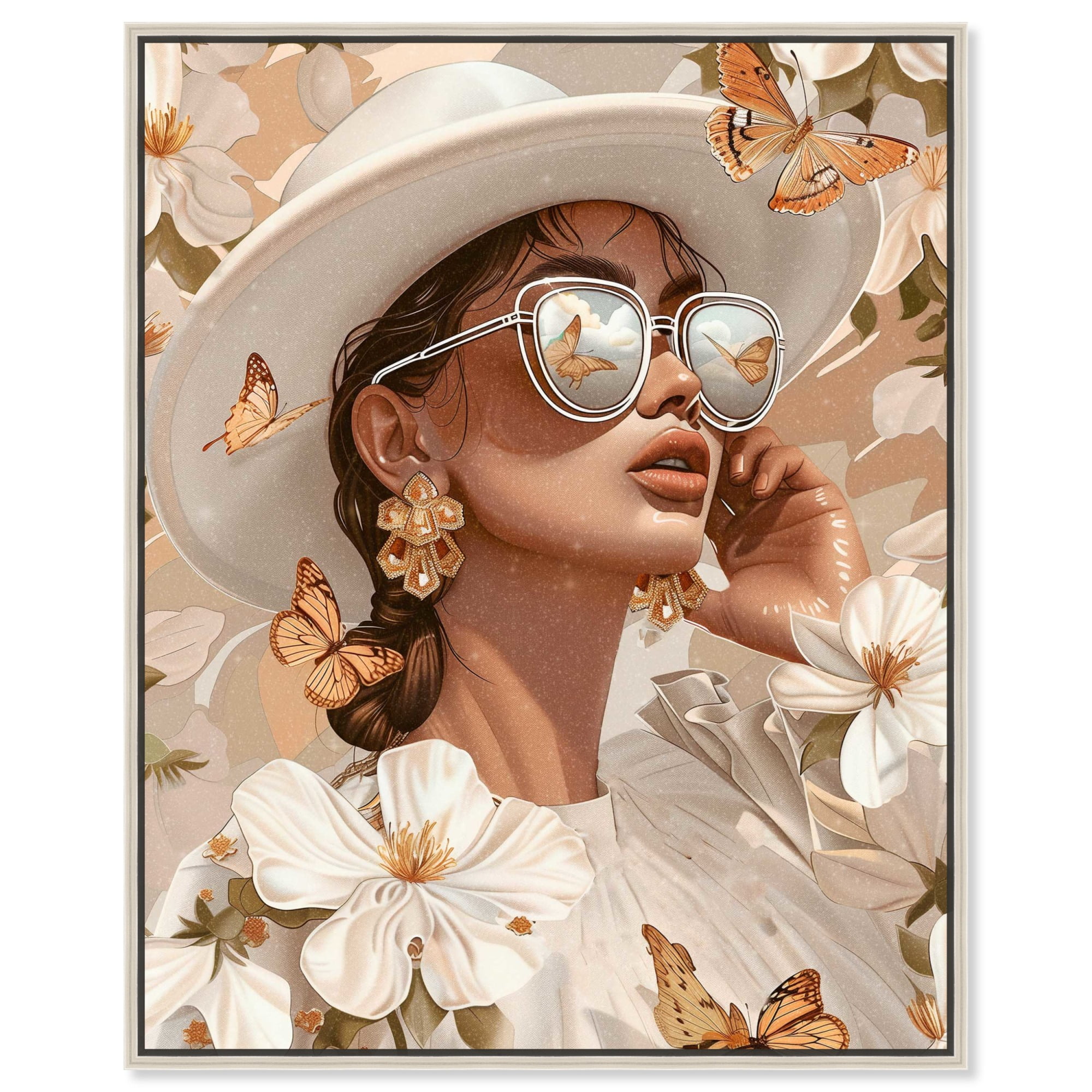 Elegant Butterflies and Flowers Canvas Art with Silver Frame