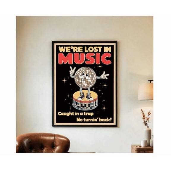Lost In Music Poster Retro 70S Disco Ball Poster Fun Groovy Dance Wall Art Trendy Club Room Decor Music Gift
