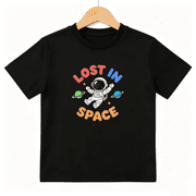 Lost In Space Cute Astronaut Boys Graphic Tee, Funny Planet 100% Cotton Kids Short Sleeve T-Shirt 4-13Y