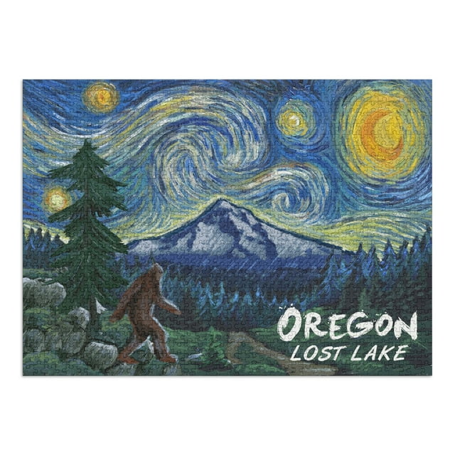 Lost Lake, Oregon, Bigfoot, Mt Hood, Starry Night (1000 Piece Puzzle, Size 19x27, Challenging Jigsaw Puzzle for Adults and Family, Made in USA)