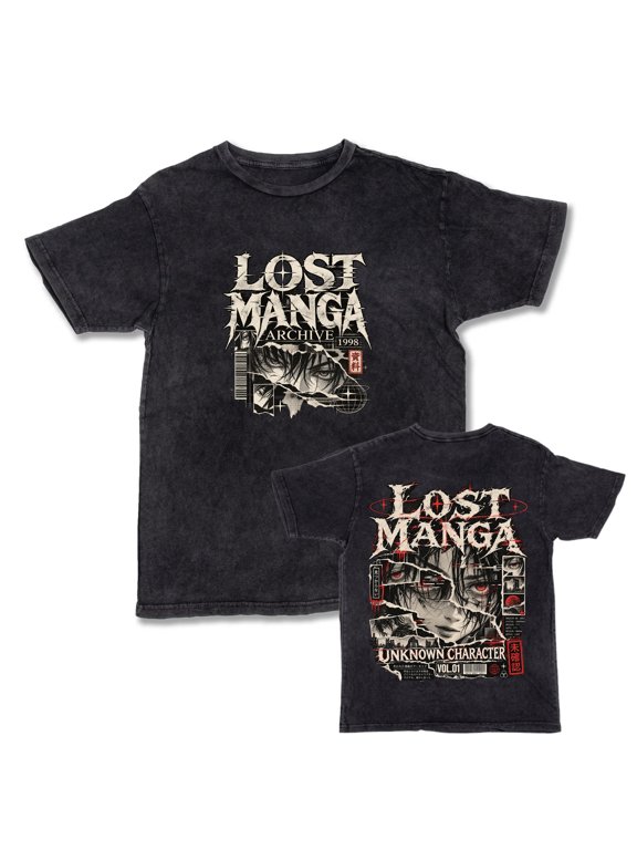 Lost Manga Archive 1998 Unknown Character Vol.01 Washed Anime Graphic T-Shirt – Torn Manga Panel Streetwear Tee with Front Logo and Back Print – Retro Japanese Shirt for Fans & Anime Lovers, Size XL