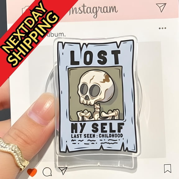 Lost My Self MagSafe Phone Grip; Cute Skeleton with Childhood Quote Magnetic Phone Holder, Phone Accessory for Spooky Lovers, Gift for Teens