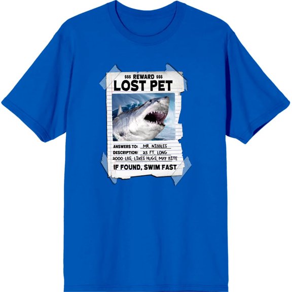 Lost Pet Note Shark Adult Royal Blue Crew Neck Short Sleeve Tee-Small