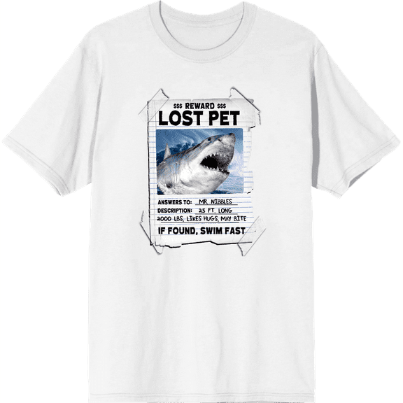 Lost Pet Note Shark Adult White Crew Neck Short Sleeve Tee-XXL