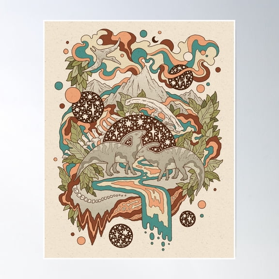 Lost Portal: Parasaurolophus | Retro Rainbow Palette | Dinosaur Science Fiction Art Poster Wall Art, Modern Wall Decor, 12x18 UNFRAMED