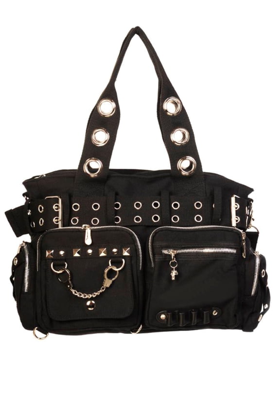 Goth Punk Rock Black Handbag with Handcuff Skull Charm