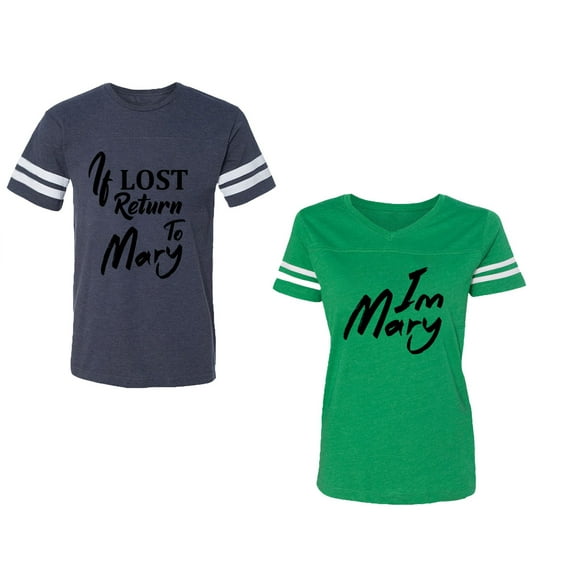If Lost Return To Mary I am Mary Unisex Couple Matching Cotton Jersey style T-Shirt Contrasting stripes on sleeves (Men Navy / Women Green) (Men XL / Women XL)