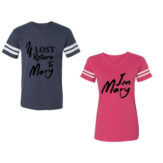 If Lost Return To Mary I am Mary Unisex Couple Matching Cotton Jersey style T-Shirt Contrasting stripes on sleeves (Men Navy / Women Pink) (Men XXL / Women L)