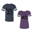 thumbnail image 1 of If Lost Return To Mary I am Mary Unisex Couple Matching Cotton Jersey style T-Shirt Contrasting stripes on sleeves (Men Navy / Women Purple) (Men XL / Women M), 1 of 3
