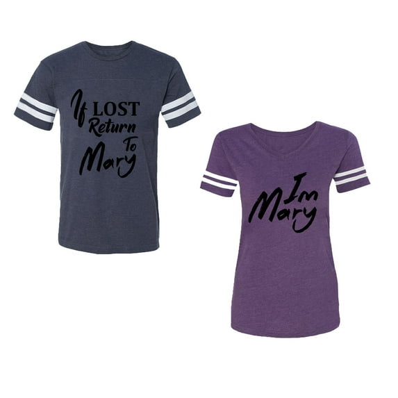 If Lost Return To Mary I am Mary Unisex Couple Matching Cotton Jersey style T-Shirt Contrasting stripes on sleeves (Men Navy / Women Purple) (Men XL / Women M)