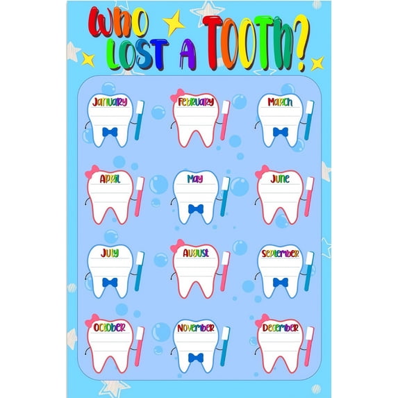 Lost Tooth Monthly Tracking Chart with Dental Art for School Display ...