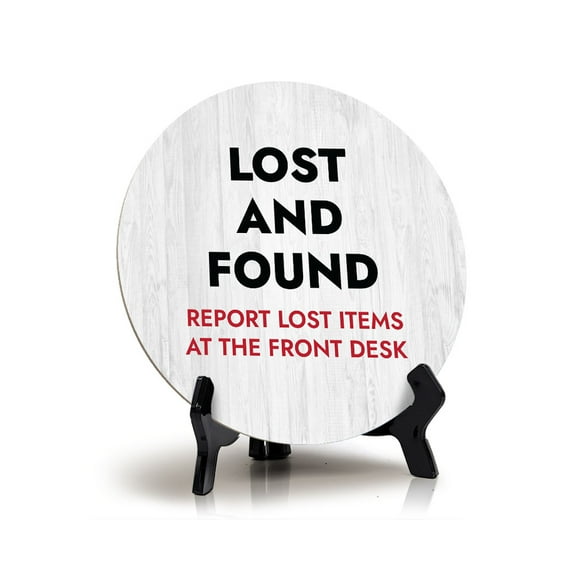 Lost and Found Report Lost Items At The Front Desk Circle Table Sign with Acrylic Stand (5x5") | Office Dcor